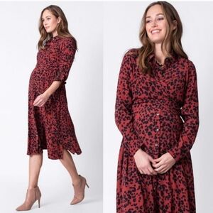 Seraphine Maternity & Nursing  Dress Red Black Animal Print Long Sleeve Midi 10